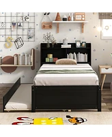 Slickblue Twin Bed with Trundle and Bookcase - Space-Saving Bedroom Furniture for Sleepovers Storage