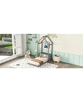 Slickblue Twin House-Shaped Roof Headboard Floor Bed (Without Slats) - Charming and Playful Design for Kids' Bedrooms