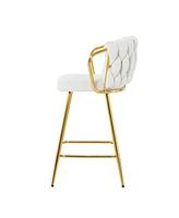 Modern design High stool Gold Plated legs Kitchen Dining White linen bar chair, suitable for Cafe Bar Restaurant (set of 2)