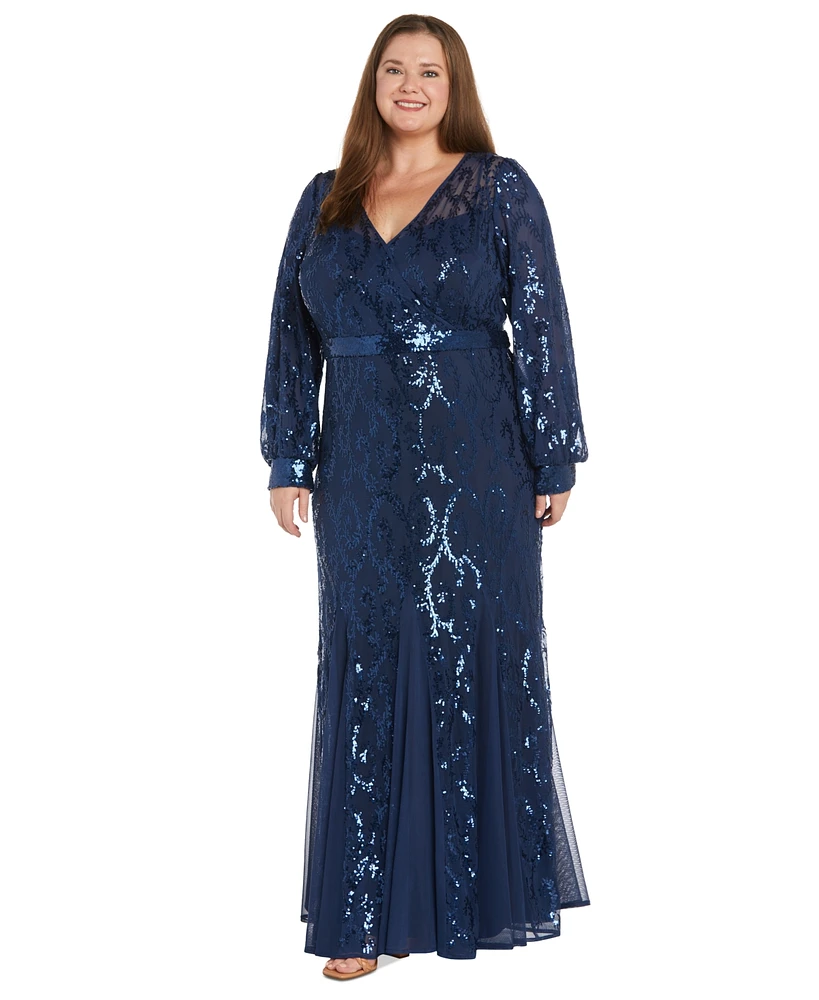 R & M Richards Plus Surplice Sequined Gown