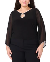 Msk Plus Long-Sleeve Rhinestone-Trim Keyhole-Neck Top