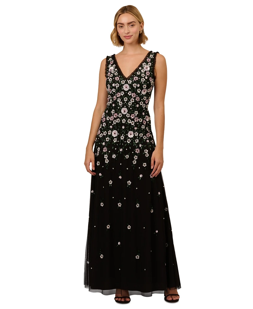 Adrianna Papell Women's Floral Beaded Mesh Long Ball Gown