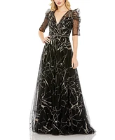 Mac Duggal Women's Embellished Gathered Puff Sleeve Faux Wrap Gown