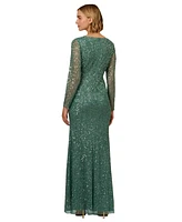 Adrianna Papell Women's Long-Sleeve Beaded Full-Length Gown