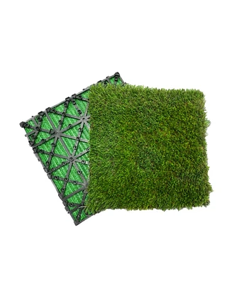 Artificial Grass Turf Tiles Interlocking Set of 35pcs, Fake Grass Tiles Self-draining for Pet Indoor/Outdoor Flooring Decor, 12x12in Dark Green