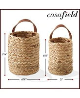 Casafield Set of 2 Wall Hanging Baskets with Handles (Small and Large) - Natural Water Hyacinth, Woven Boho Plant and Flower Storage Pots