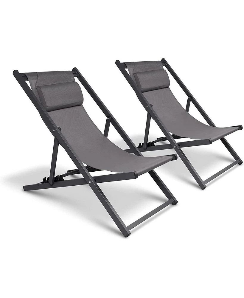 Slickblue Set of 2 Beach Sling Chairs Reclining Camping Lounge Chairs with Headrest for Ultimate Comfort