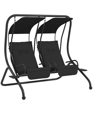 Outsunny 2-Seat Patio Swing Chair w/ Removable Canopy & Cup Holders,