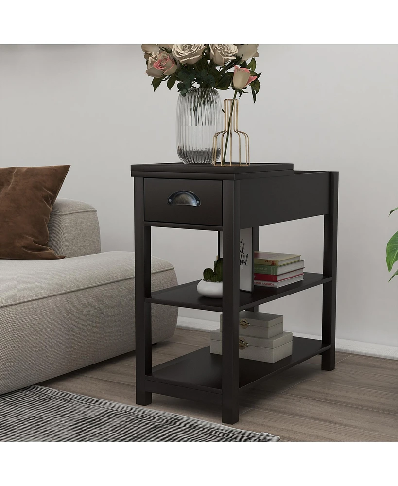 Slickblue Narrow Side Table with Flip-Top Drawers and Bottom Shelf