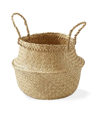 Casafield Seagrass Belly Basket with Handles - Medium, Natural Woven Storage Bin Planter for Home Decor, Indoor Plant Pot Cover