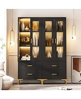 Tribesigns Bookcase with Doors and Led Light,Bookshelf with 2 Drawers, Freestanding Tall Storage Cabinet for Living Room, Bathroom, Office, Kitchen,2P