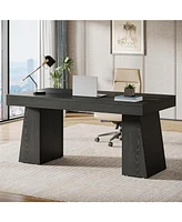 Tribesigns 55 Inches Executive Desk, Mid-Century Modern Home Office Desk with Double Trapezoid Base, Wood Computer Business Workstation Smal