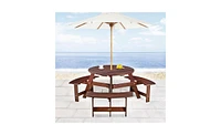 Slickblue Outdoor 6-Person Round Picnic Table with 3 Built-In Benches – Umbrella Hole, Ideal for Garden, Backyard, Porch