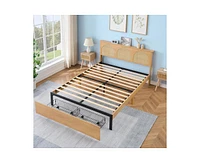 gaomon Rattan Bed Frame King with Natural Rattan Headboard and Storage Drawers, King Bed Frame with Led Strips and Strong Woode Slats Support, Bed Fra