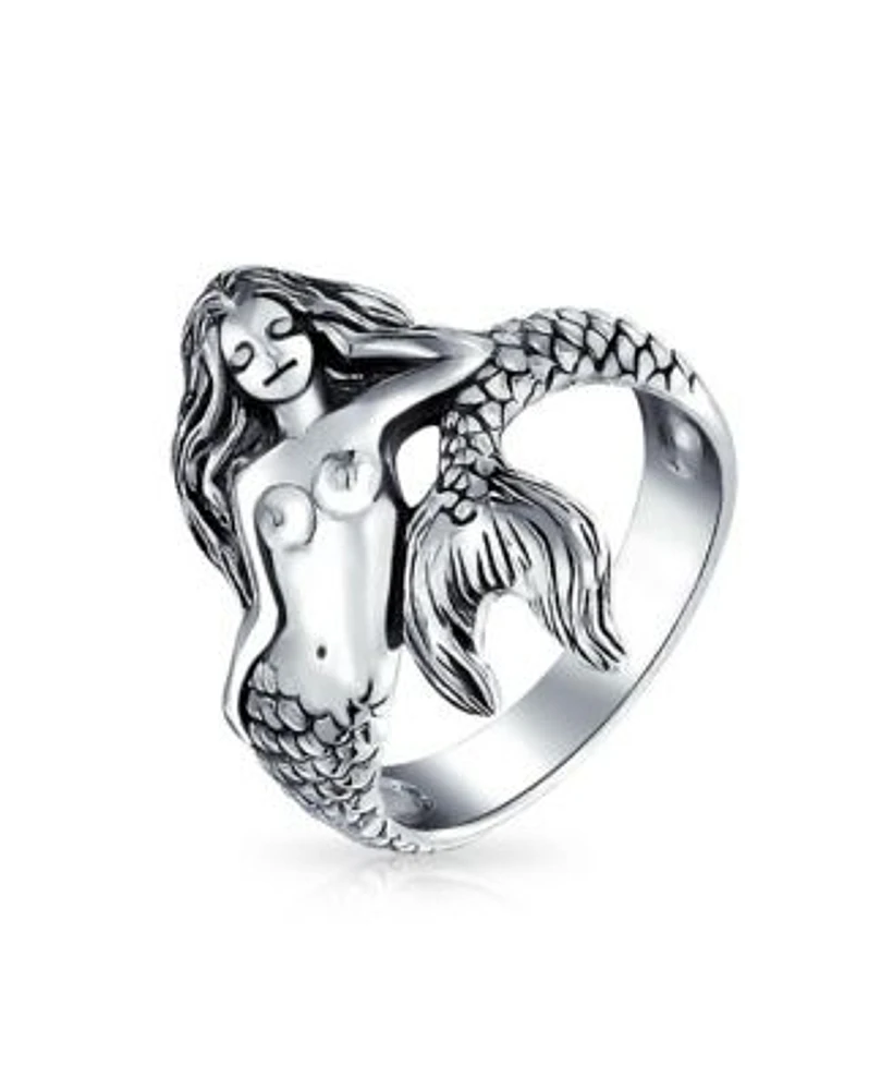 Bling Jewelry Nautical Marine Life Tropical Beach Siren Mermaid Ring For Women Oxidized .925 Sterling Silver 2mm Band