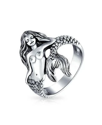 Bling Jewelry Nautical Marine Life Tropical Beach Siren Mermaid Ring For Women Oxidized .925 Sterling Silver 2MM Band