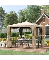 Outsunny 10' x 10' Patio Gazebo Outdoor Canopy Shelter with Double Vented Roof, Netting and Curtains