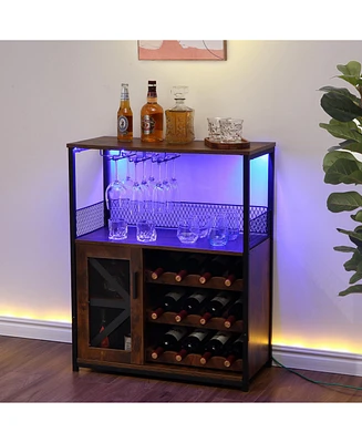 gaomon Bar Cabinet with Storage Shelf, Small Wine Cabinet with Light String, Glass Holder, and Buffet Mesh Door, Small Kitchen Sideboard Buffet Sidebo