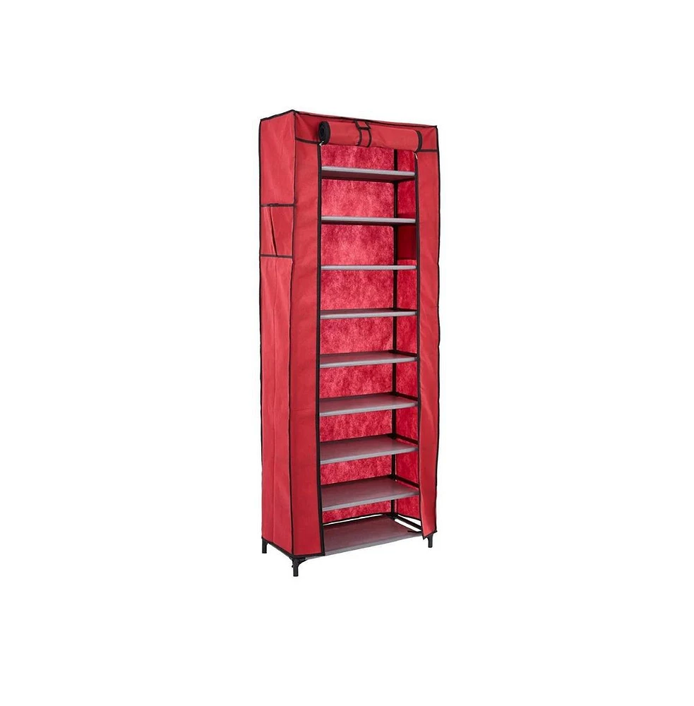 Slickblue Shoe Rack with Dustproof Cover – 10 Tiers Red Storage Cabinet for Boots and Shoes