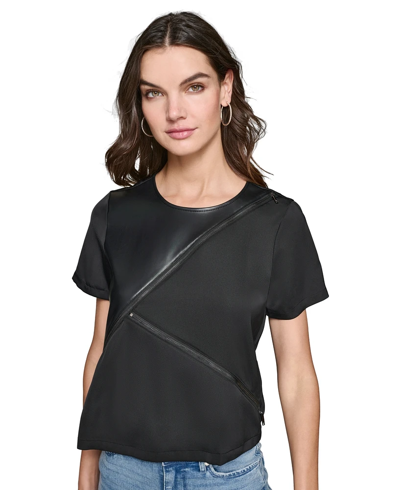 Karl Lagerfeld Paris Women's Faux-Leather Accented Short-Sleeve Top