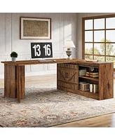 Tribesigns 70.9-Inch Executive Desk, L-Shaped Desk with 55.1-Inch Storage Cabinet, Mid-Century Farmhouse Office Desk Computer Desk with Sliding Door,