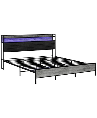 Homcom Led King Size Bed Frame with Headboard Charging Station, Cement