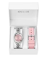 Guess Women's Analog Silver Tone Stainless Steel and Pink Silicone Interchangeable Strap Watch, 32mm