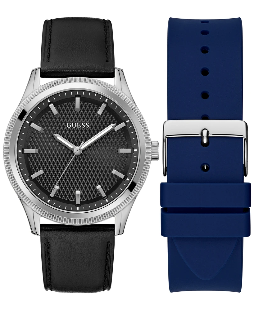 Guess Men's Analog Black Genuine Leather and Blue Silicone Interchangeable Strap Watch, 44mm