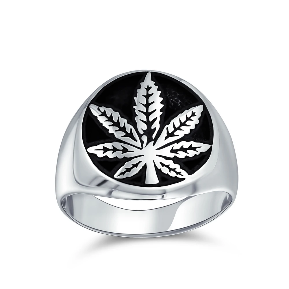 Bling Jewelry Mens Silver Ring with Cannabis Leaf Medallion Oxidized Sterling Silver Handmade