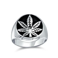 Bling Jewelry Mens Silver Ring with Cannabis Leaf Medallion Oxidized Sterling Silver Handmade