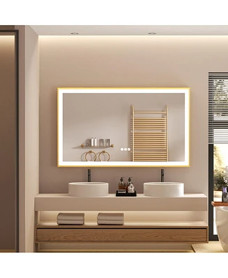 Wisfor 39.3" x 23.6" Rectangular Led Bathroom Mirror Gold Narrow Frame Anti-Fog 3 Color