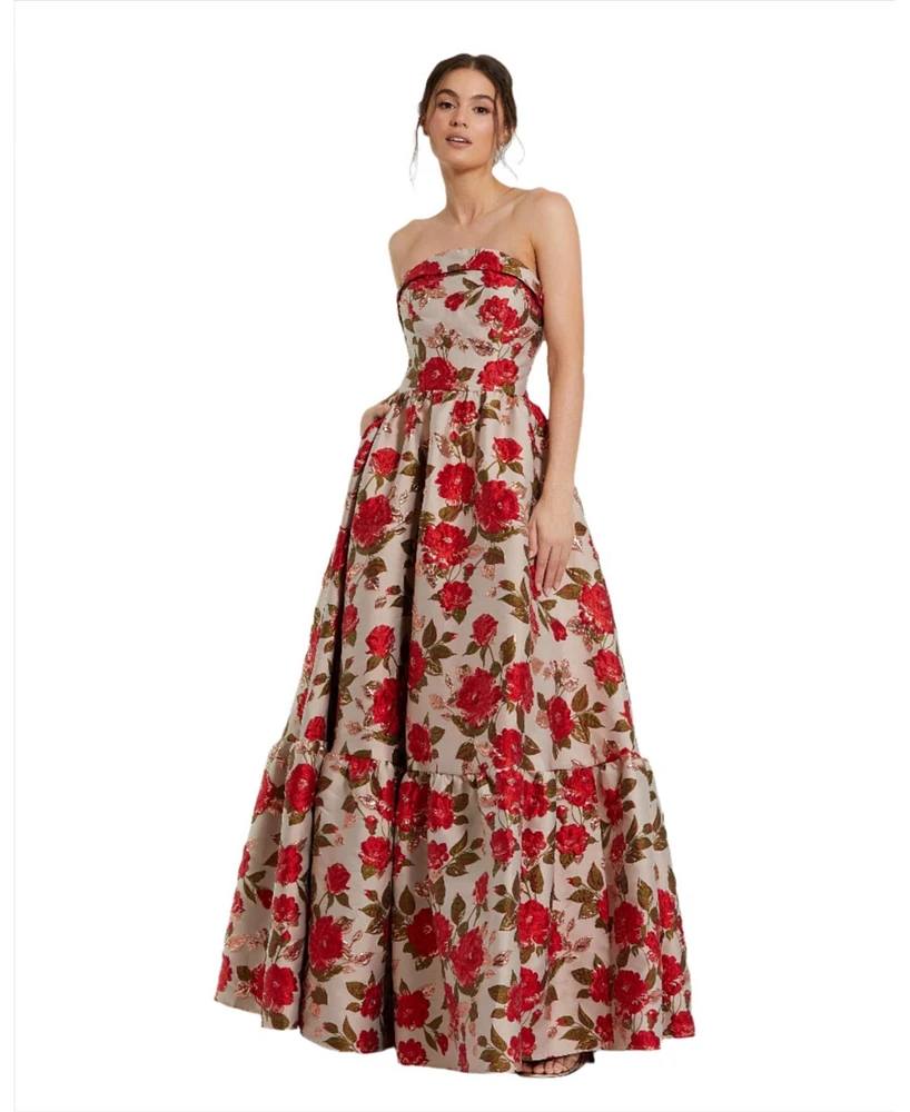 Mac Duggal Women's Brocade Strapless Floral Gown With Ruffle Hem