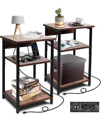 Slickblue Nightstand Set of 2 - 3-Tier End Tables with Built-In Charging Station for Convenient Storage