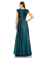 Mac Duggal Women's Pleated Plunge Neck Belted A Line Gown