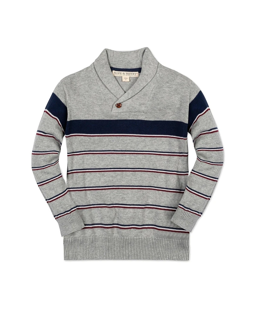 Hope & Henry Boys Organic Long Sleeve Shawl Collar Sweater with Engineered Stripe