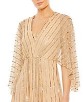 Mac Duggal Women's Beaded Striping Kimono Sleeve V Neck Gown