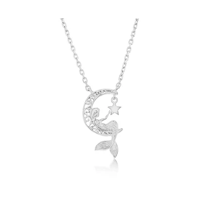 Simona Sterling Silver Crescent Moon w/Mermaid, Star Charm Necklace