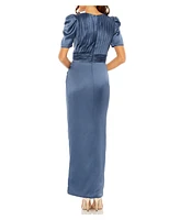 Mac Duggal Women's Puff Sleeve Pleated Bodice Draped Gown