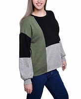 Ny Collection Petite Long Sleeve Colorblocked Boat Neck Top