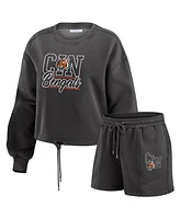 Wear by Erin Andrews Women's Black Cincinnati Bengals Washed Fleece Long Sleeve T-Shirt Shorts Lounge Set