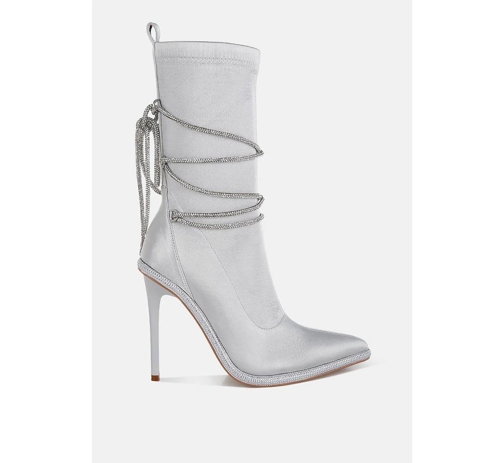 London Rag Dacia Rhinestones Strap Satin Calf Boots