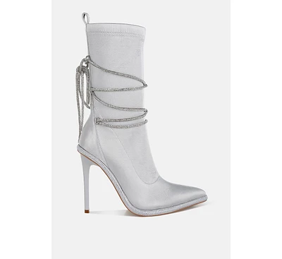 London Rag Dacia Rhinestones Strap Satin Calf Boots