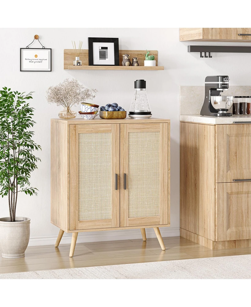 gaomon Sideboard Kitchen Storage Cabinet, Kitchen Coffee Bar Cabinet, Rattan Decorated Doors, Accent Cabinet