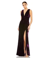 Mac Duggal Women's Velvet Pleated Wrapping Sleeveless Jersey Gown