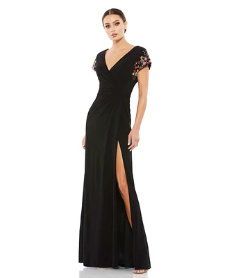 Women's Embellished Sleeve Jersey Wrap Gown