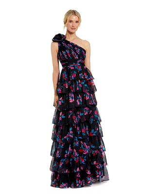 Mac Duggal Women's One Shoulder Printed Chiffon Tiered Ruffle Gown