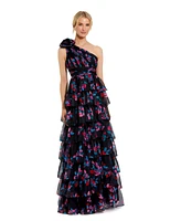 Mac Duggal Women's One Shoulder Printed Chiffon Tiered Ruffle Gown