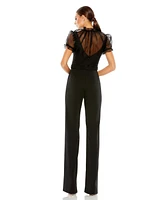 Mac Duggal Women's Belted Illusion High Neck Cap Sleeve Jumpsuit