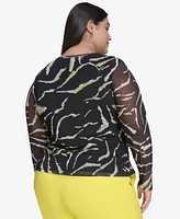 Dkny Plus Printed Mesh Long-Sleeve Top