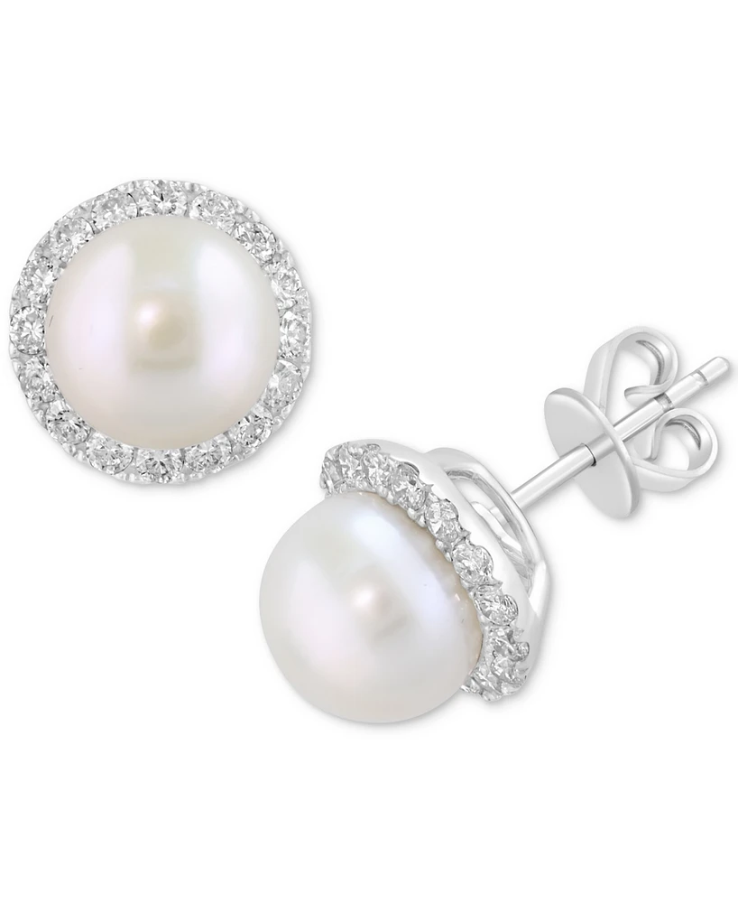 Effy Cultured Freshwater Pearl (8mm) & Diamond (1/2 ct. t.w.) Halo Stud Earrings in 14k White Gold